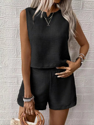 Black textured two-piece set with V-notch sleeveless top and shorts