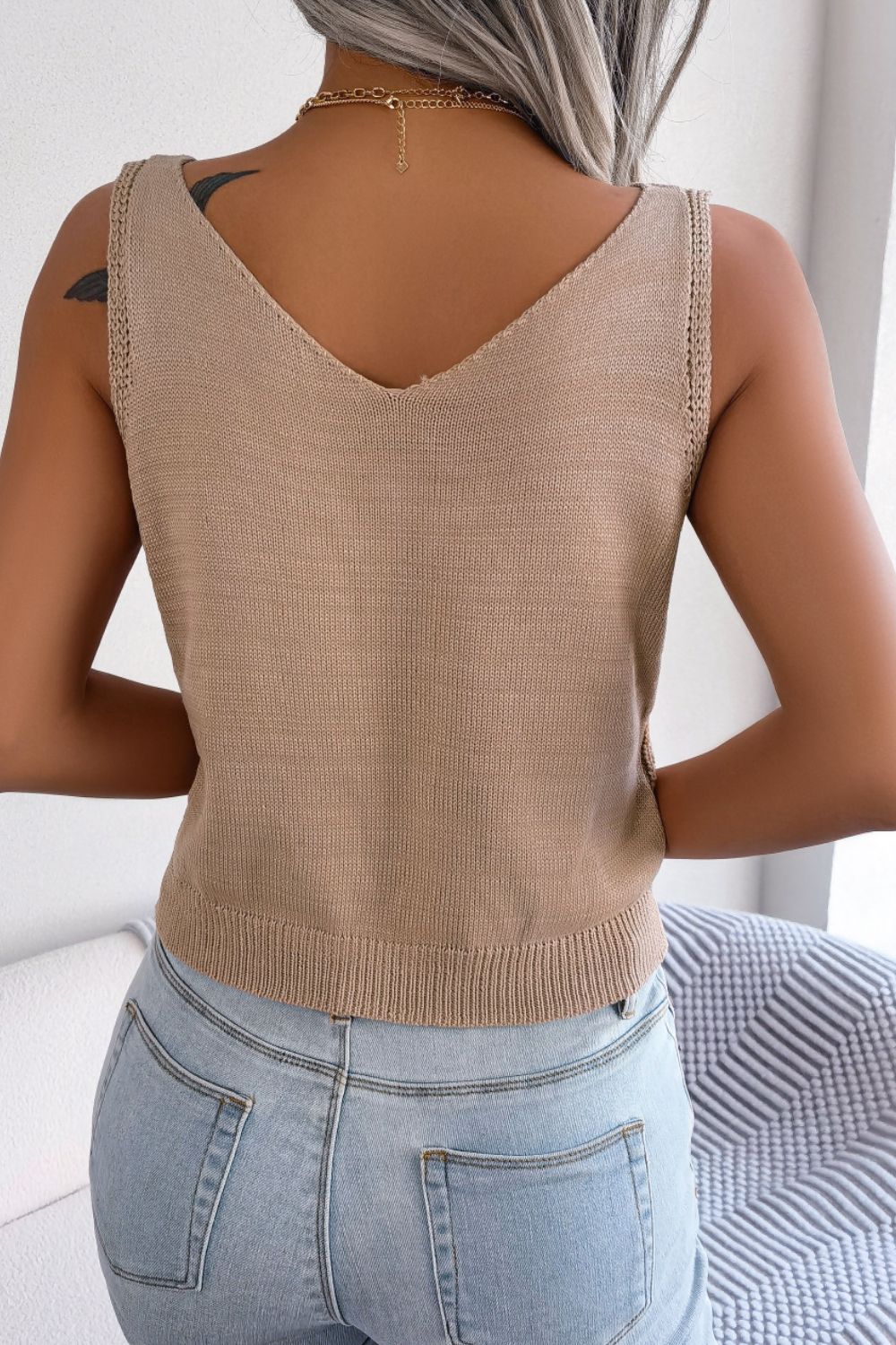 Khaki cable knit button-down tank top with V-neck and ribbed trim
