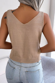 Khaki cable knit button-down tank top with V-neck and ribbed trim
