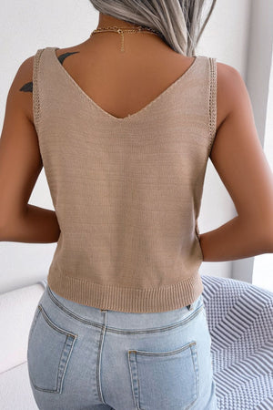 Khaki cable knit button-down tank top with V-neck and ribbed trim