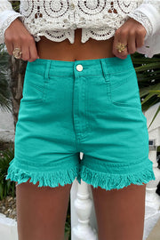Turquoise denim shorts with high-rise fit and frayed hem detail