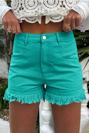 Turquoise denim shorts with high-rise fit and frayed hem detail