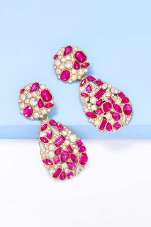 Gemstone cluster drop earrings in hot pink and clear acrylic with alloy settings.
