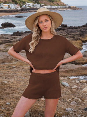 Brown textured knit co-ord set with relaxed fit top and shorts.