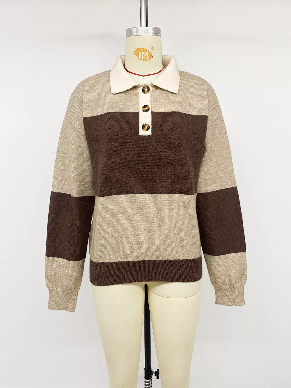 Color Block Polo Collar Sweater in Coffee Brown, fabric detail
