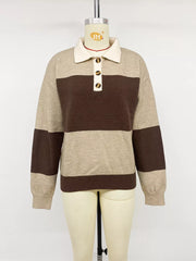Color Block Polo Collar Sweater in Coffee Brown, fabric detail