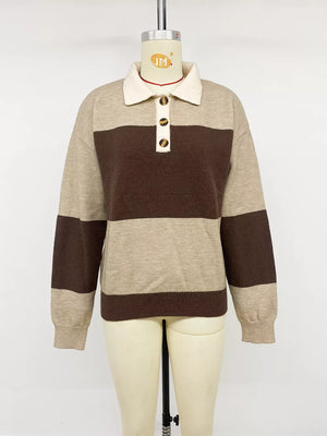 Color Block Polo Collar Sweater in Coffee Brown, fabric detail