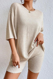 Sand ribbed tee and short set with relaxed fit and crew neck