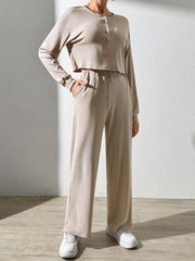 Tan ribbed henley lounge set with cropped long sleeve top and wide leg pants