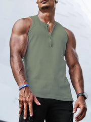 Sage ribbed henley muscle tank top with button detail