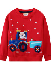 Red crew neck sweatshirt with Santa in a tractor applique and white polka dots.