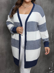 Striped open-front knit cardigan in dark navy and white, 100% acrylic, with a V-neck and long sleeves.