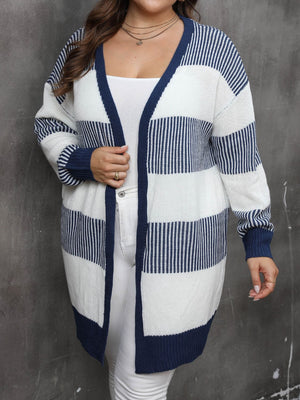 Striped open-front knit cardigan in dark navy and white, 100% acrylic, with a V-neck and long sleeves.