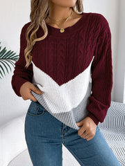 Chevron cable knit sweater in burgundy, white, and grey with crew neck.