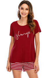 Scarlet graphic tee with sleep graphic and striped shorts pajama set