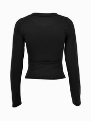 Black long sleeve t-shirt with buttoned neckline and a comfortable fit.