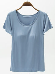 Light blue scoop neck tee with built-in bra detail