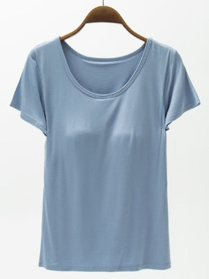 Light blue scoop neck tee with built-in bra detail
