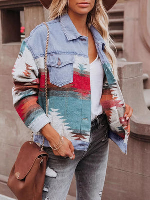 Geometric Print Denim Jacket in Blue, close-up detail