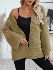 Chunky knit open front cardigan in moss with pockets and wide sleeves.