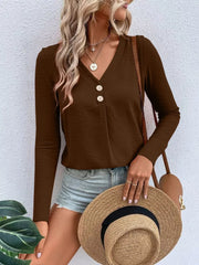 Full Size V-neck Decor Button Long Sleeve T-shirt Plus Size in Red, view 16