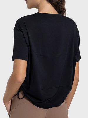 Black jersey t-shirt with short sleeves and a side tie detail.