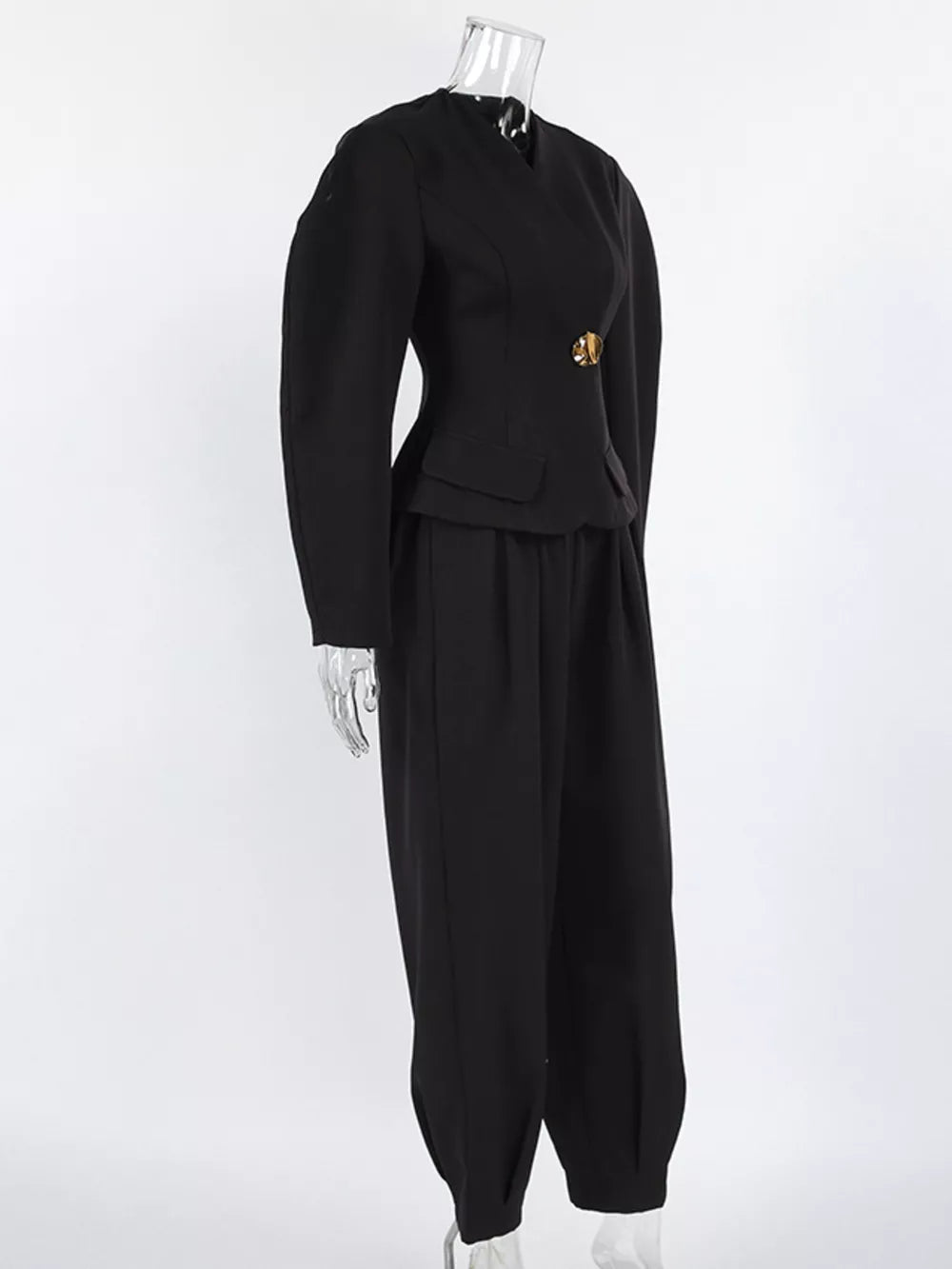Puffy Sleeve Blazer And Wide-leg Pants Set in Black, product detail