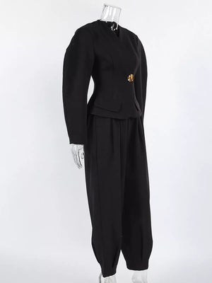 Puffy Sleeve Blazer And Wide-leg Pants Set in Black, product detail