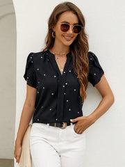 Black heart print puff sleeve blouse with V-neck and short sleeves