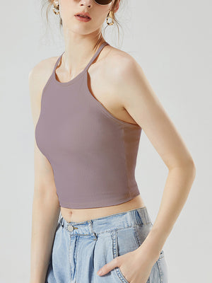 Lilac ribbed racerback crop top with a keyhole back detail.