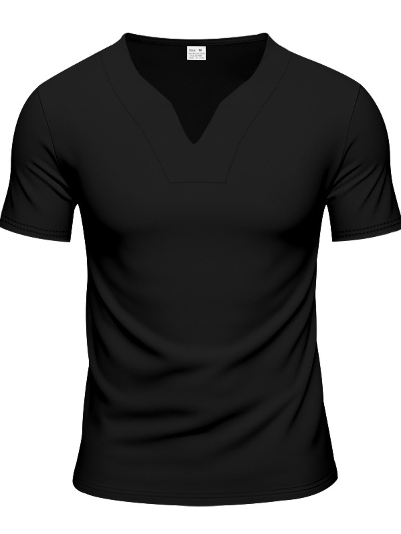 Black men's short sleeve t-shirt with notched V-neck and stitched detail