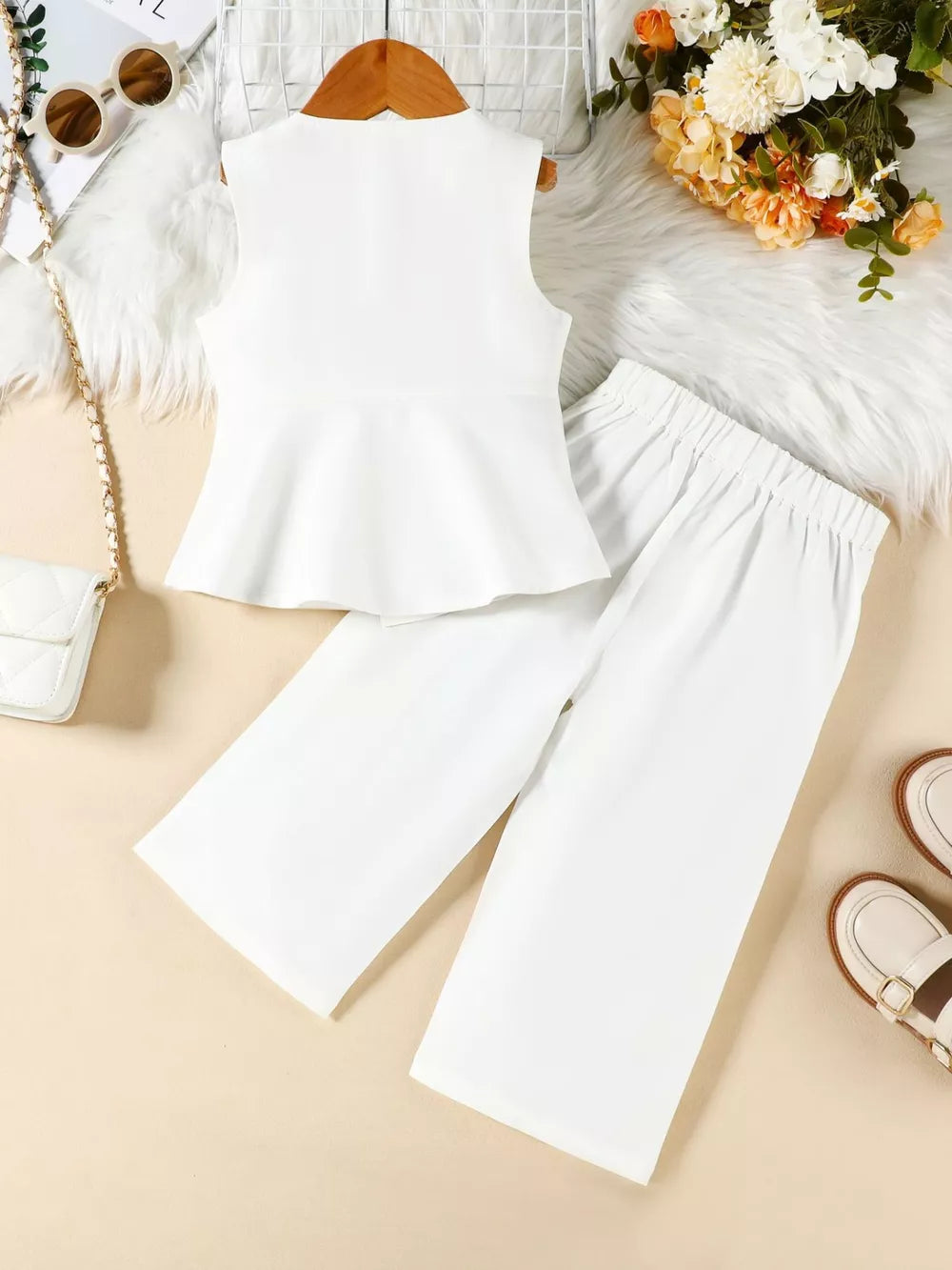 White baby girls peplum top and wide leg pants set with pleated detail