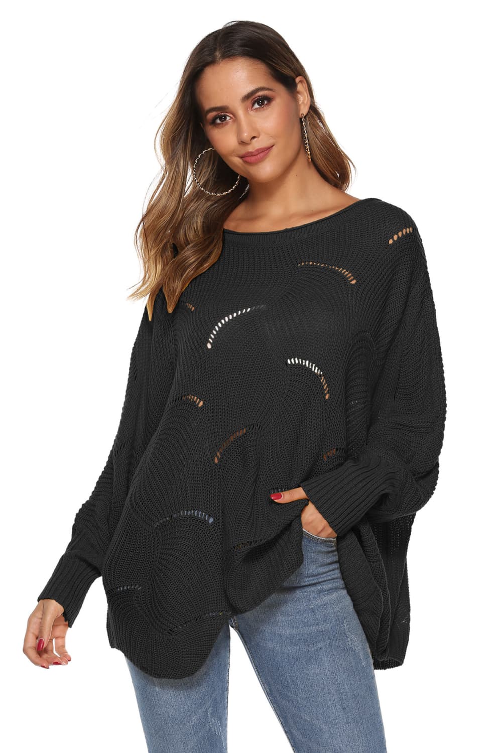 Black openwork cocoon sleeve knit sweater with boat neck and ribbed cuffs.