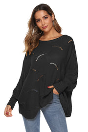 Black openwork cocoon sleeve knit sweater with boat neck and ribbed cuffs.