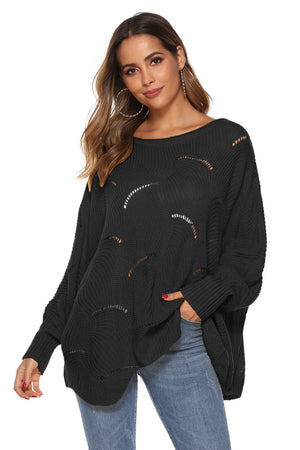 Black openwork cocoon sleeve knit sweater with boat neck and ribbed cuffs.