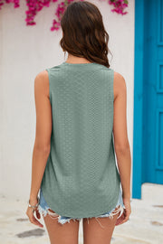Sage perforated V-neck sleeveless blouse with a relaxed fit and curved hem.