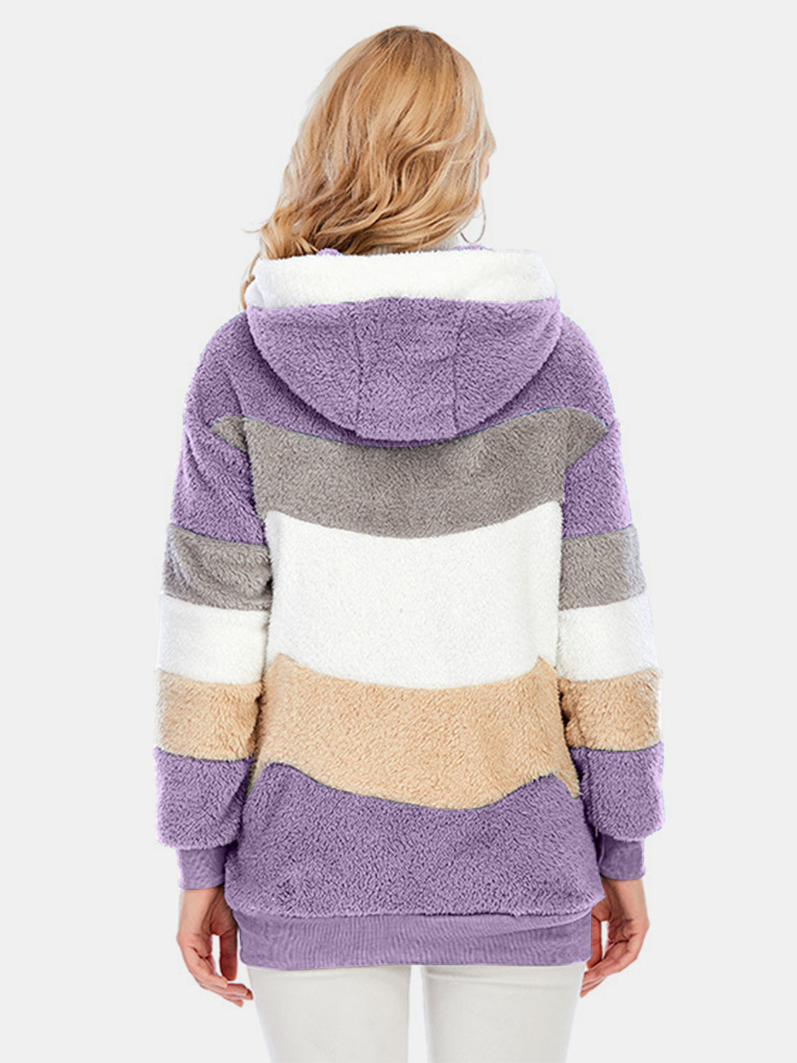 Teddy fleece zip-up hoodie with color block pattern in purple, grey, white, and taupe.