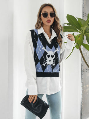 Black argyle knit vest with skull intarsia detail and V-neck