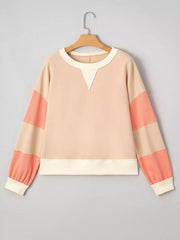 Color Block Textured Patchwork Pullover Sweatshirt in Watermelon pink, fabric detail