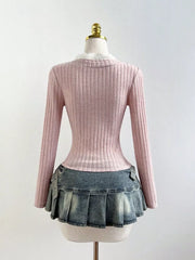 V-neck Lace Trim Ribbed Knit T-shirt, back view