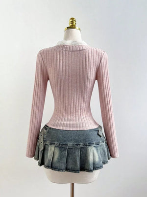 V-neck Lace Trim Ribbed Knit T-shirt, back view