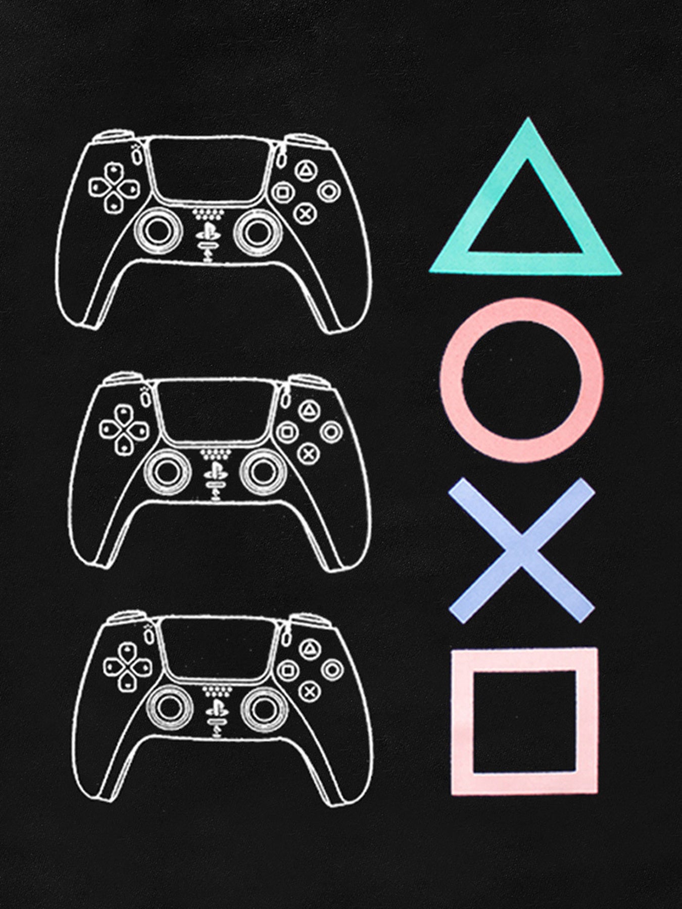 Black toddler t-shirt with white gaming controller graphic and colorful PlayStation symbols.