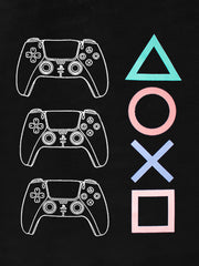 Black toddler t-shirt with white gaming controller graphic and colorful PlayStation symbols.