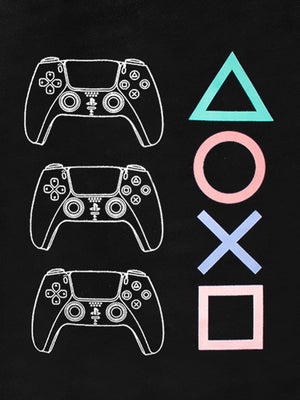 Black toddler t-shirt with white gaming controller graphic and colorful PlayStation symbols.