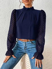 Navy chevron sleeve ruffle neck blouse with pleated front.