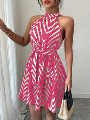 Rose red halter neck tie-waist ruffle dress with metallic chevron print