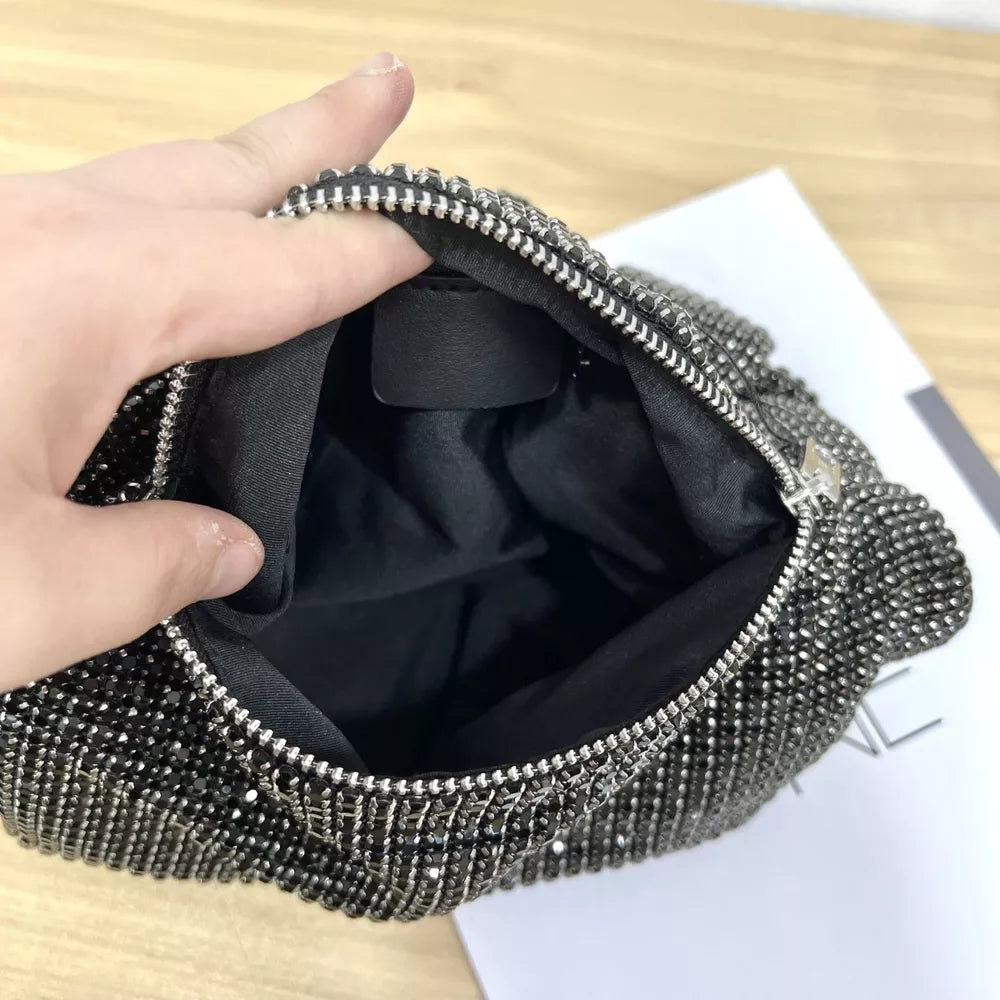 Radiant Rhinestone Crescent Tote in black, showing the open interior and sparkling rhinestone exterior.