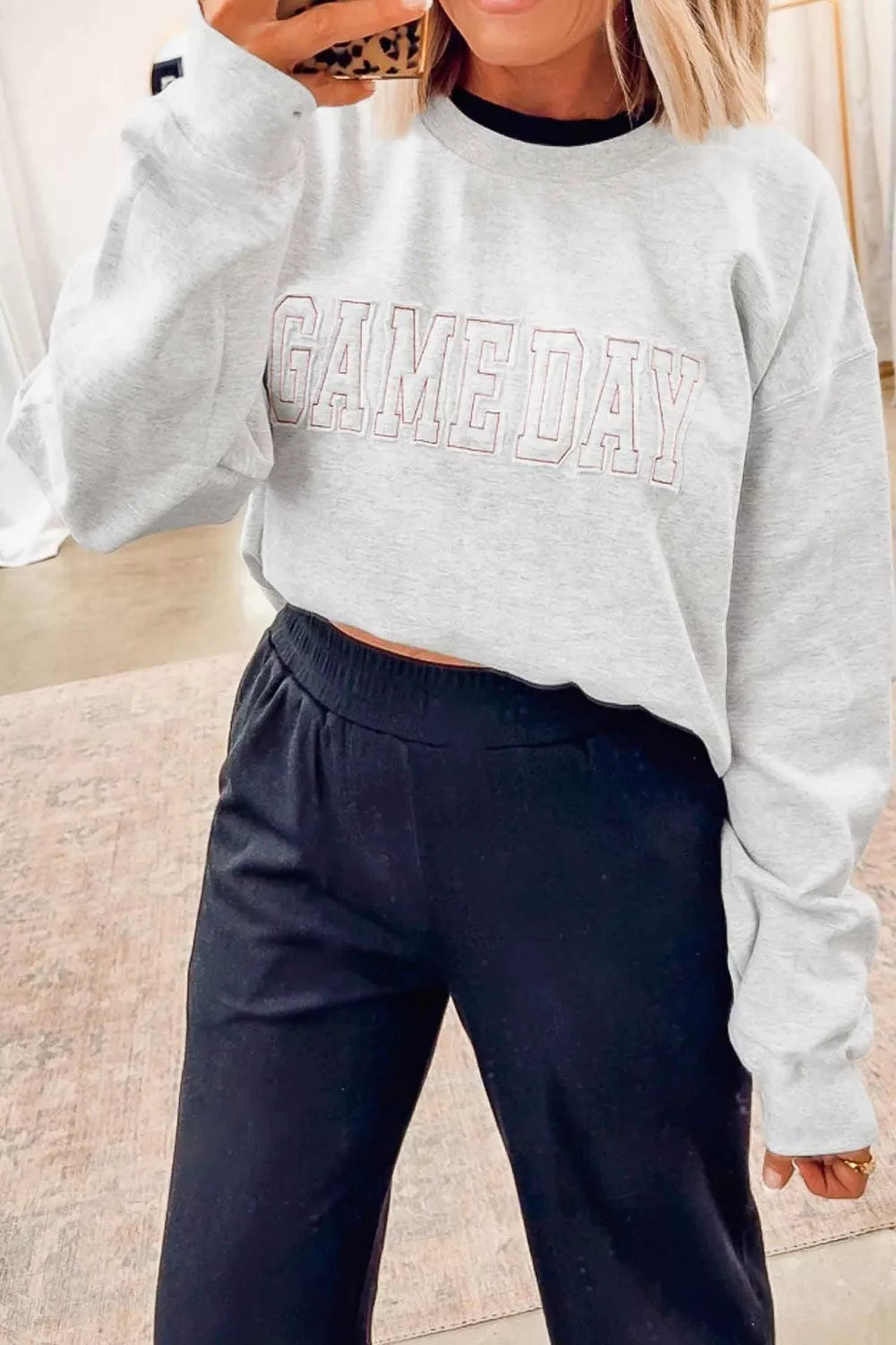 Game Day Letter Embroidery Sweatshirt in Light Gray, model styling view