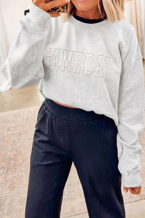 Game Day Letter Embroidery Sweatshirt in Light Gray, model styling view