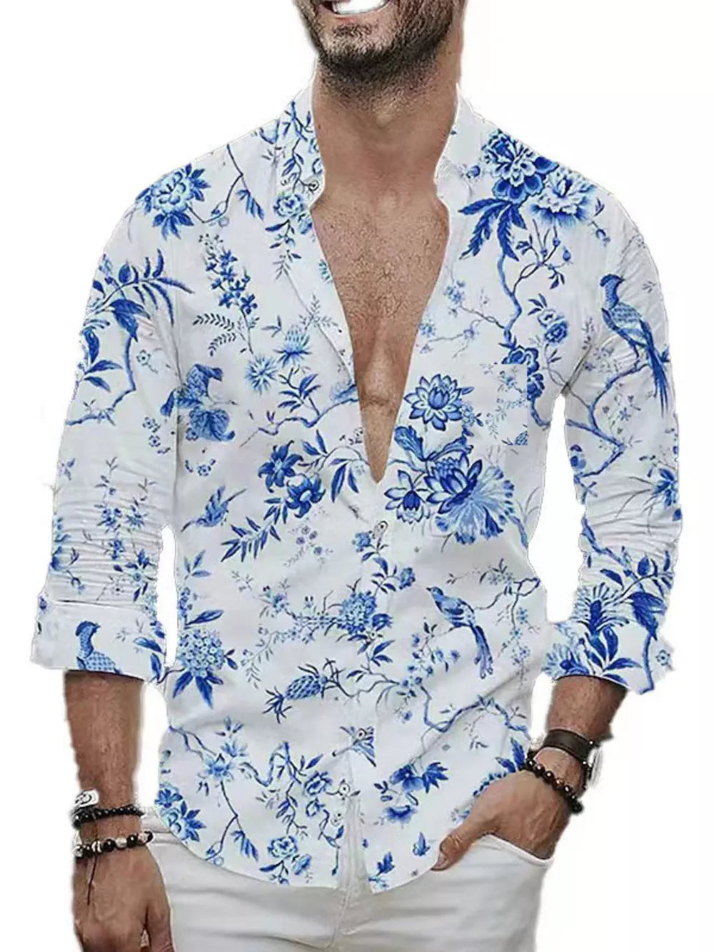 Men's Full Size Floral Print Button-down Shirt in Light Blue, side view